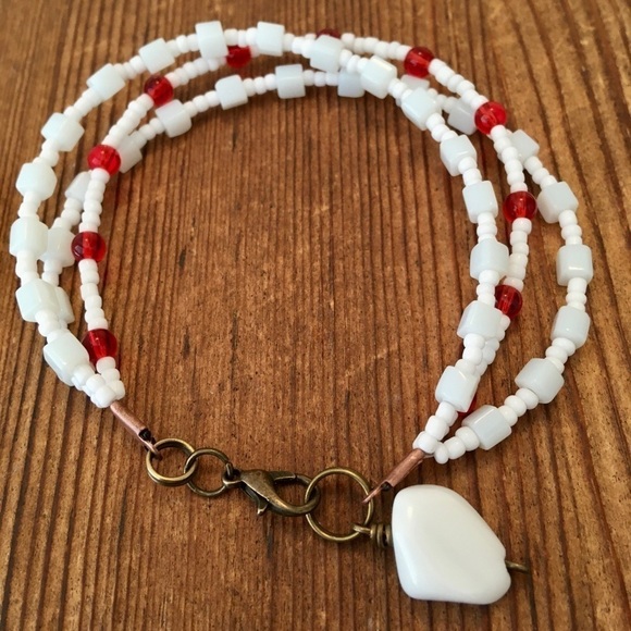 Hand Crafted Jewelry - Red and White,  Triple Strand Ladies Beaded Bracelet,  Handmade Ladies Bracelet